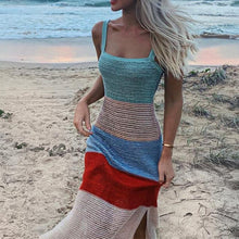 Load image into Gallery viewer, 2020 New Low Cut Women Dress Beach Cover-ups Crochet Knitted Tunic Bikini Cover up Swim Striped Beachwear Split Long Kaftan
