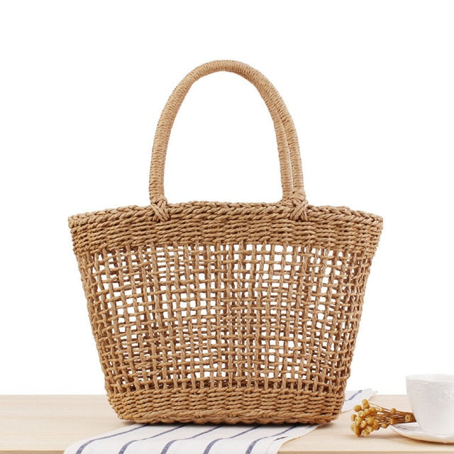 Handmade Women's Handbag Bohemian Hollow Straw Bag Summer Weaving Beach Bags Female Top-handle Tote Fashion Net Bag Mesh Basket