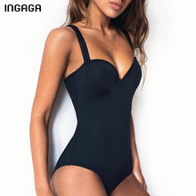 Load image into Gallery viewer, INGAGA Push Up One Piece Swimsuit Women Swimwear Solid Black Bodysuit Bathers 2021 New Bathing Suits Sexy Summer Beach Wear
