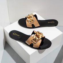 Load image into Gallery viewer, New Ladies Slippers 2021 Summer Slides Fashion Black Metal Chain Decorated Flat Round Toe Women Slides Female Beach Shoes
