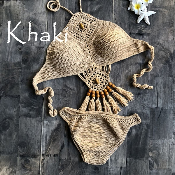 New Summer Crochet Women Solid Bikini Set Sexy Halter Tie Bra Swimsuit Swimwear Triangle Bather Suit Swimming Suit Biquini