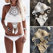 Load image into Gallery viewer, New Summer Crochet Women Solid Bikini Set Sexy Halter Tie Bra Swimsuit Swimwear Triangle Bather Suit Swimming Suit Biquini
