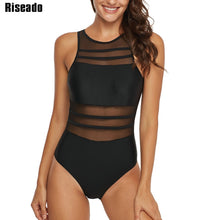 Load image into Gallery viewer, Riseado Black Mesh One Piece Swimsuit 2021 Swimwear Women Sexy High Neck Bathing Suit Women Backless Plus Size Swim Wear XXL
