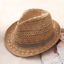 Load image into Gallery viewer, Summer  Parent-child Casual Sun hats for Women Fashion Jazz Hat Man Beach Trilby Straw Panama Hat Hollow Belt Sun Visor Caps
