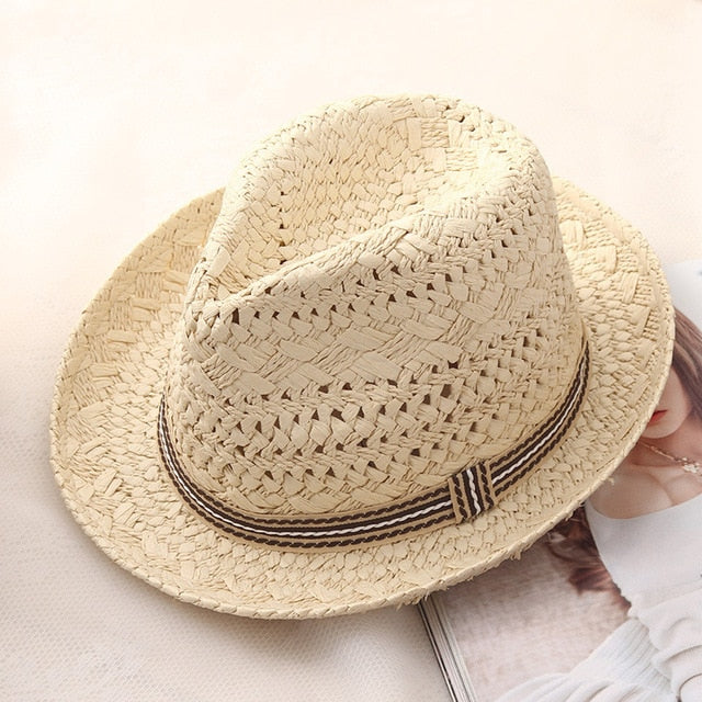 Summer  Parent-child Casual Sun hats for Women Fashion Jazz Hat Man Beach Trilby Straw Panama Hat Hollow Belt Sun Visor Caps