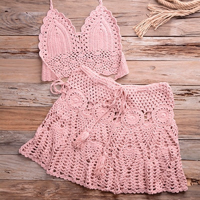 Two-piece Crochet Women Bikini Set Cover Up Swimsuit Swim Skirt Swimwear Bathing Swimdress Beachwear