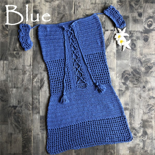 Women Fashion Bandage Hollow-Out Dress Crochet Bikini Cover-Up Boho One Piece Swimwear Sexy Swimsuit